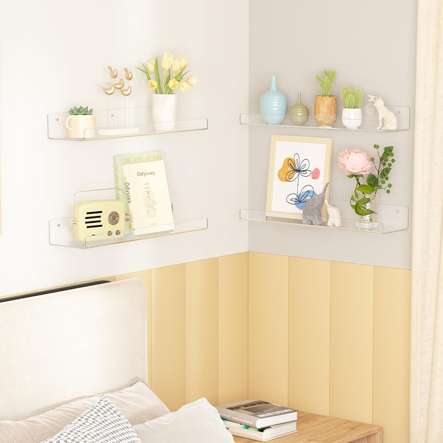 6 Pack Acrylic Shelves for Wall Storage, 15&#x22; x 4&#x201C; Floating Bookshelves for Kids, Display Shelf Organizer for Bathroom, Bedroom, Living Room, Kitchen, Room Decor, Clear