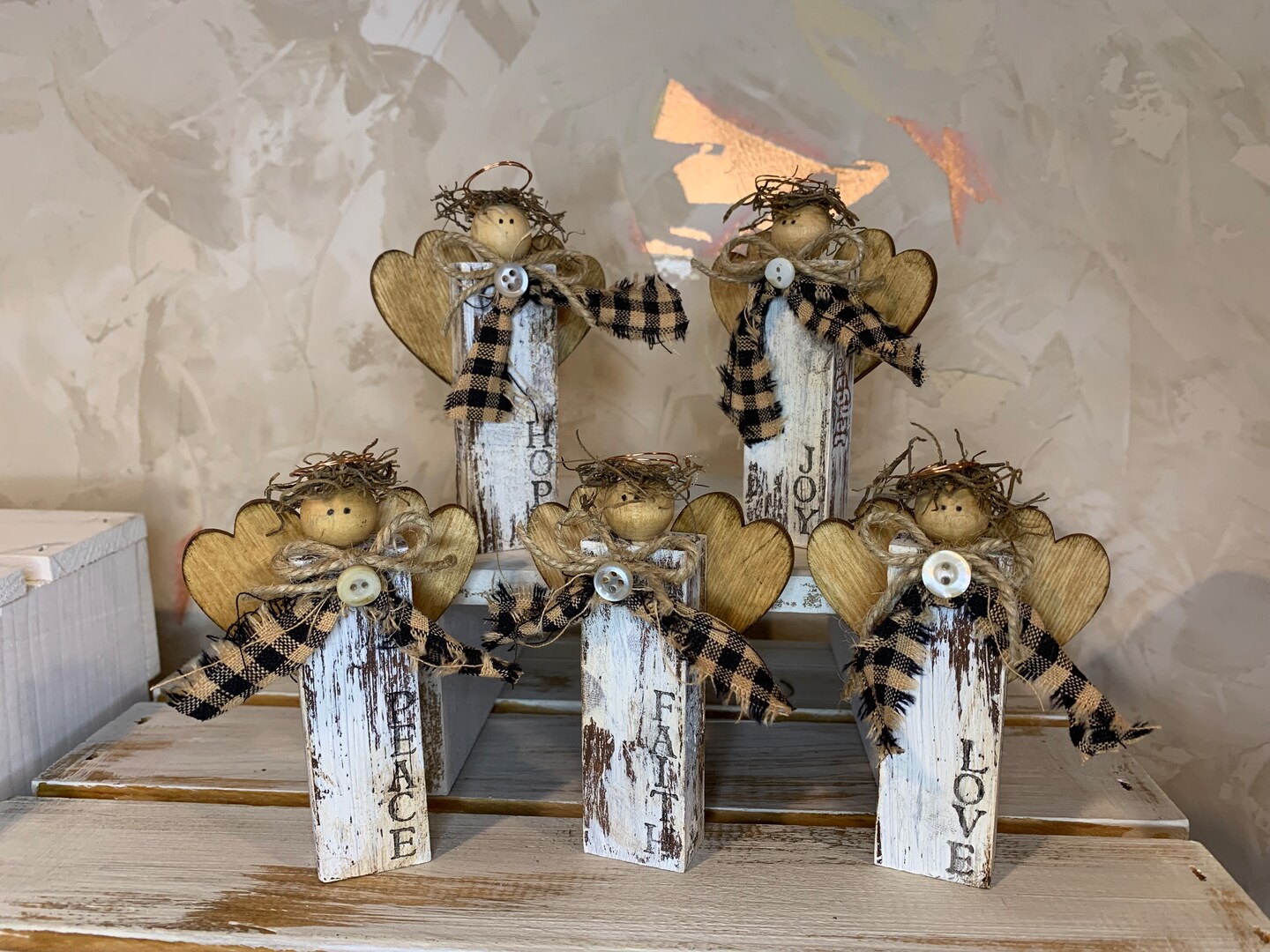 Rustic Small Wood Block Angel with Heart Wings; Stamped Love