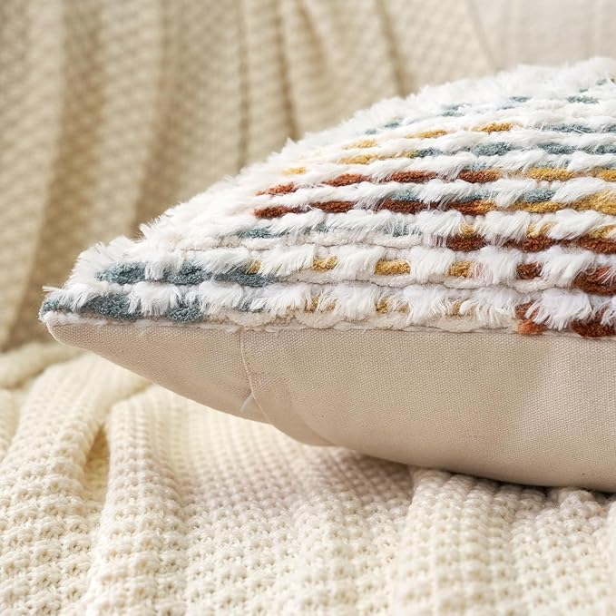 Boho Chenille Tufted Pillow Cover 18x18 Inch, Decorative Square Throw Pillow Cover Neutral Pillowcase for Couch Bedroom Living Room, Orange White