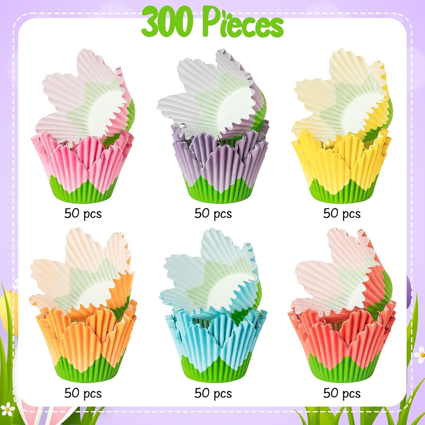 Flower Cupcake Paper Liner - 300pcs Easter Baking Cups Muffin Cupcakes Wrappers, Spring Lavender Tulip Cake Chocolate Candy Wrap Making Supplies for Spring Birthday Baby Shower Party (6 Styles)