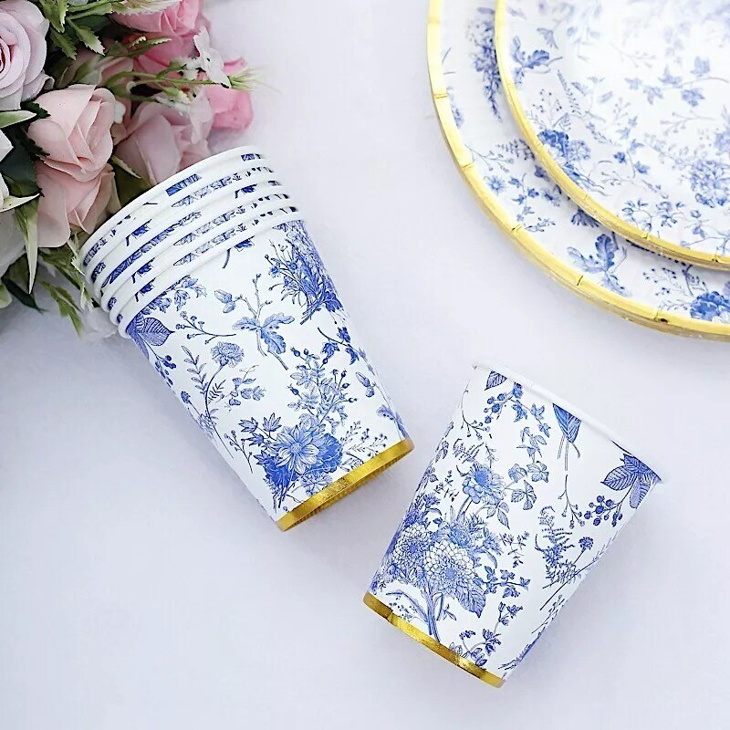 24 White 9 oz Blue Floral Design Disposable Paper Drinking CUPS Gold Rim Party