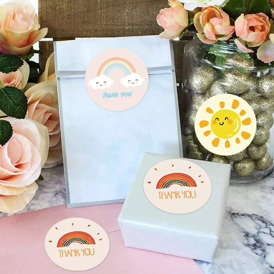 1000Pcs Round 1 inch Sun Rainbow Stickers Roll Thank You Self-Adhesive Stickers