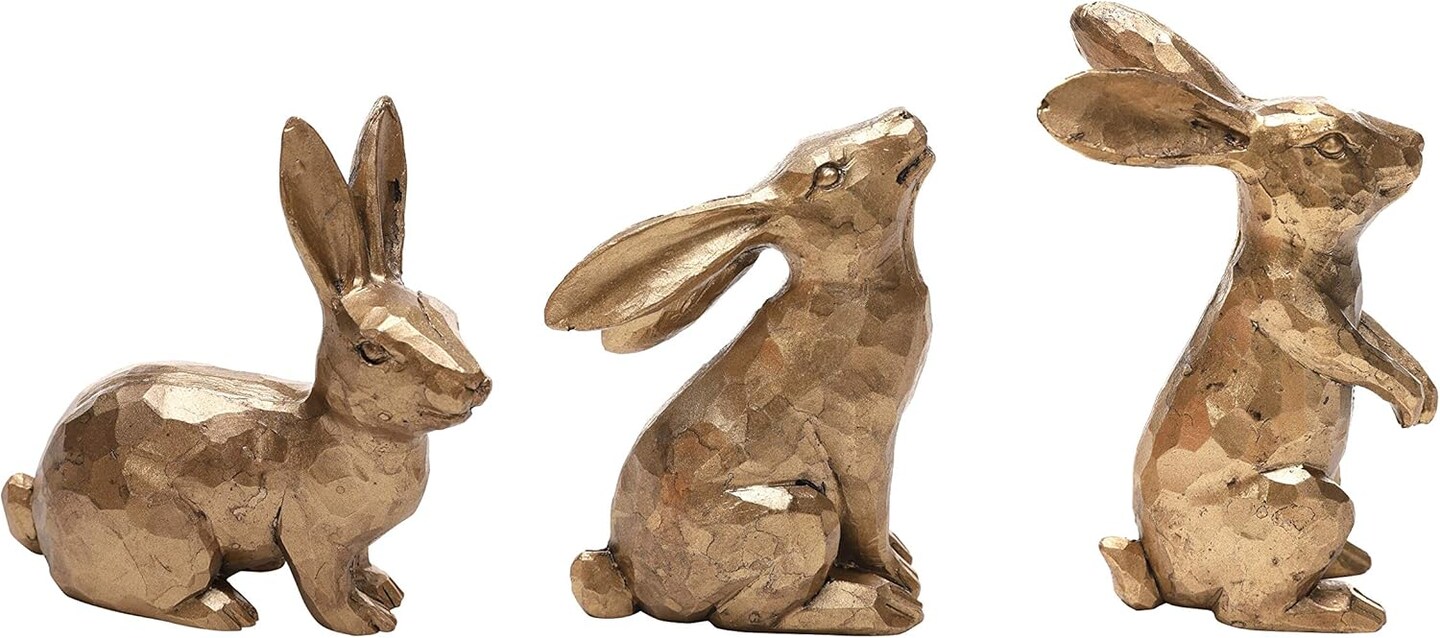 Set of 3 Golden Polyresin Bunny Figurines – Easter Rabbit Statues for Spring Tabletop, Shelf, and Home Decor