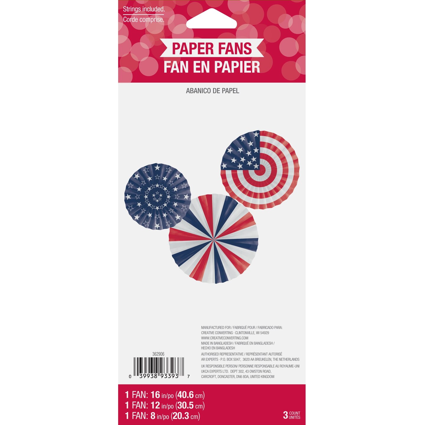 Patriotic Fans PR 16&#x22; 12&#x22; 8&#x22; (3/Pkg)