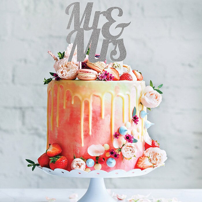 Silver Glitter Mr &#x26; Mrs Cake Topper