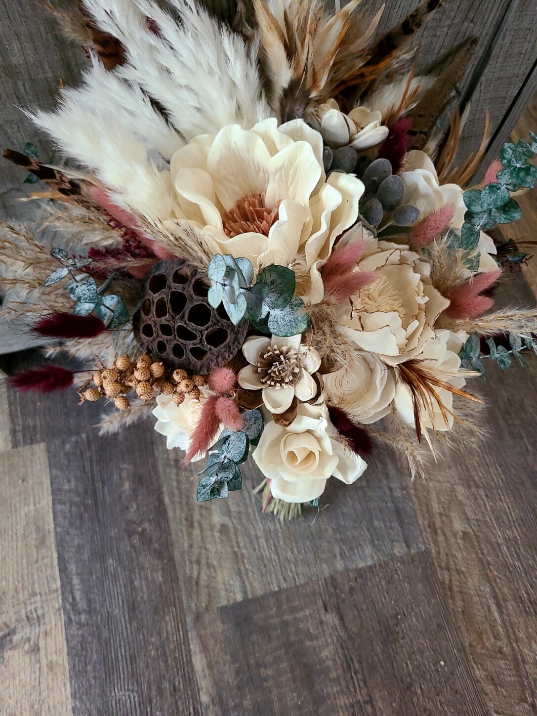 アマハガン Flower Bouquet Mizuna Wood Finish Boho Wood Flower Bouquet with Mauve Pink Bunny Tails and Pampas