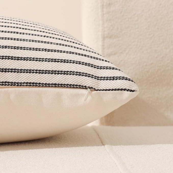 Black and Beige Patchwork Farmhouse Throw Pillows Covers 18 x 18 Inch, Pack of 2 Striped Decorative Pillow Case for Sofa Couch Bed Chair Modern Boho Decor(Black)