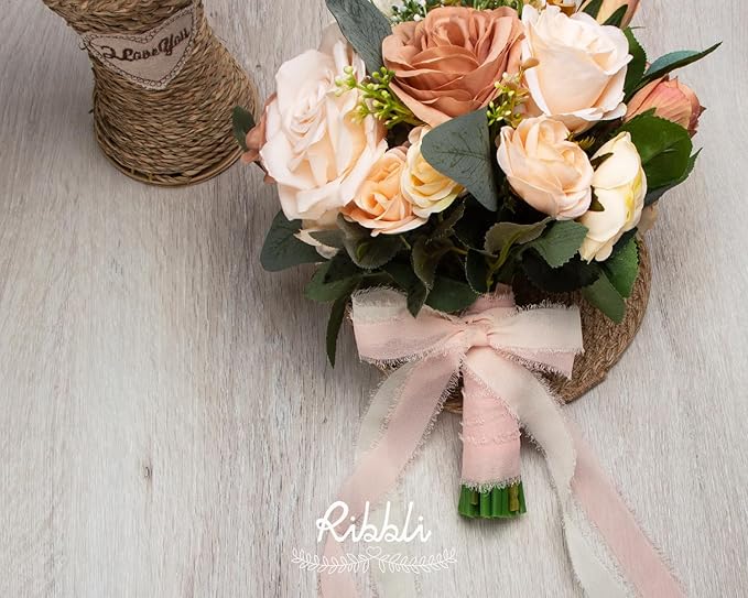 Ivory Ribbon 1 Inch x 3 Rolls Total 24 Yards Ivory Handmade Fringe Chiffon Silk Ribbon for Wrapping Wedding Invitations Bridal Bouquets DIY Crafts Home Decor