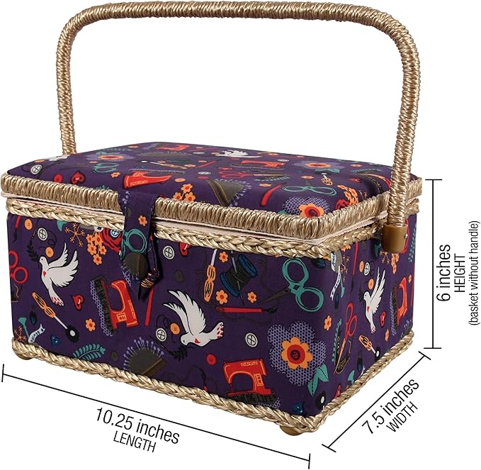 Sewing Basket with Sewing Kit, Needles, Thread, Scissors, and Notions- Purple