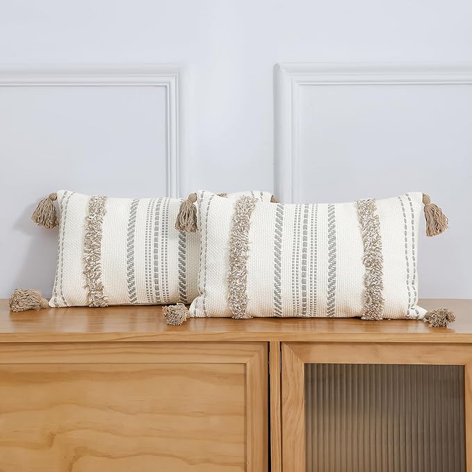 Pack of 2 Lumbar Throw Pillow Covers with Tassels Cotton Boho Modern Decorative Cushion Case for Couch Bedroom, 12&#xD7;20 Inch Light Brown