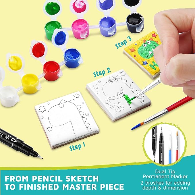 DIY Craft Kit; Design and Paint Magnet Tiles - Kids Paint Arts & Crafts Project; Includes 12 Tile Magnets, 8 Paint Colors, 2 Brushes and Marker; Fun Ceramic Tile Painting Kit