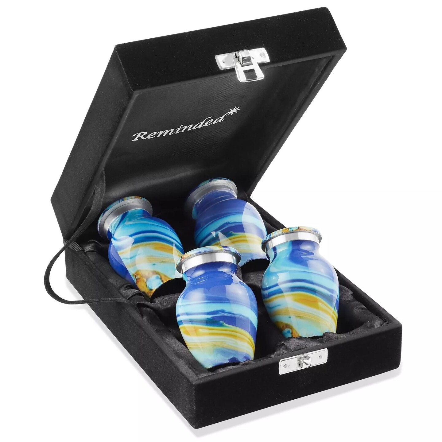 Keepsake Set of 4 Cremation Urns for Human Ashes, Blue Swirl with Velvet Case