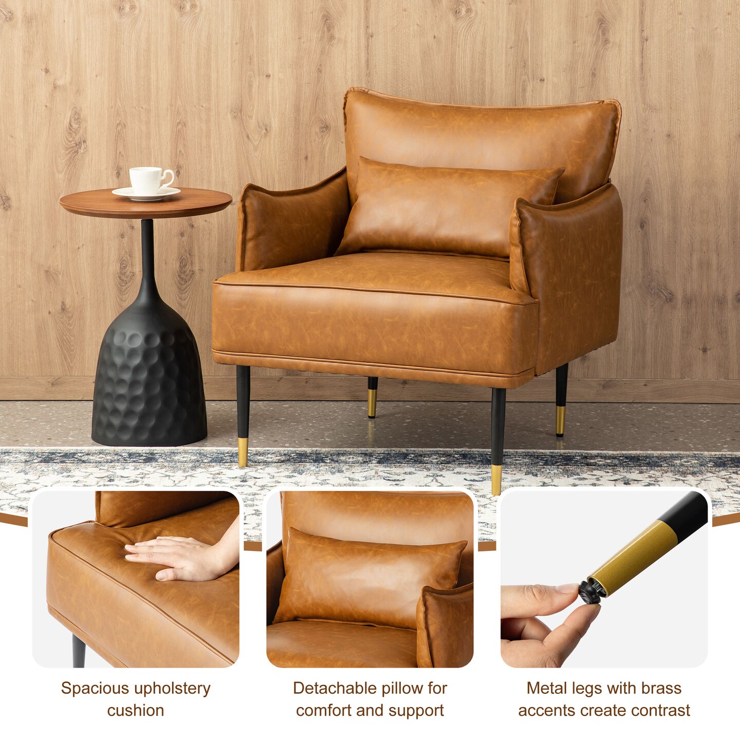 29.5"W Mid-Century Modern Leatherette Armchair With Side Pocket