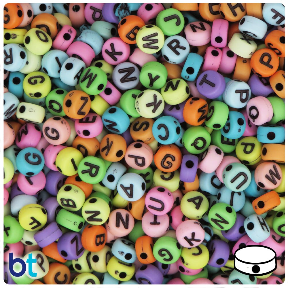 BeadTin Pastel Opaque Mix 7mm Coin Plastic Alpha Beads - Black Letter Mix (250pcs)