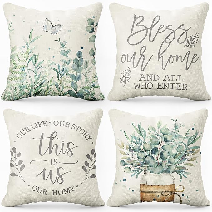 Spring Pillow Covers 18x18 Set of 4 Spring Pillows Decorative Throw Pillows Light Blue Pillowcase Summer Decorations Farmhouse Decor for Couch Sofa