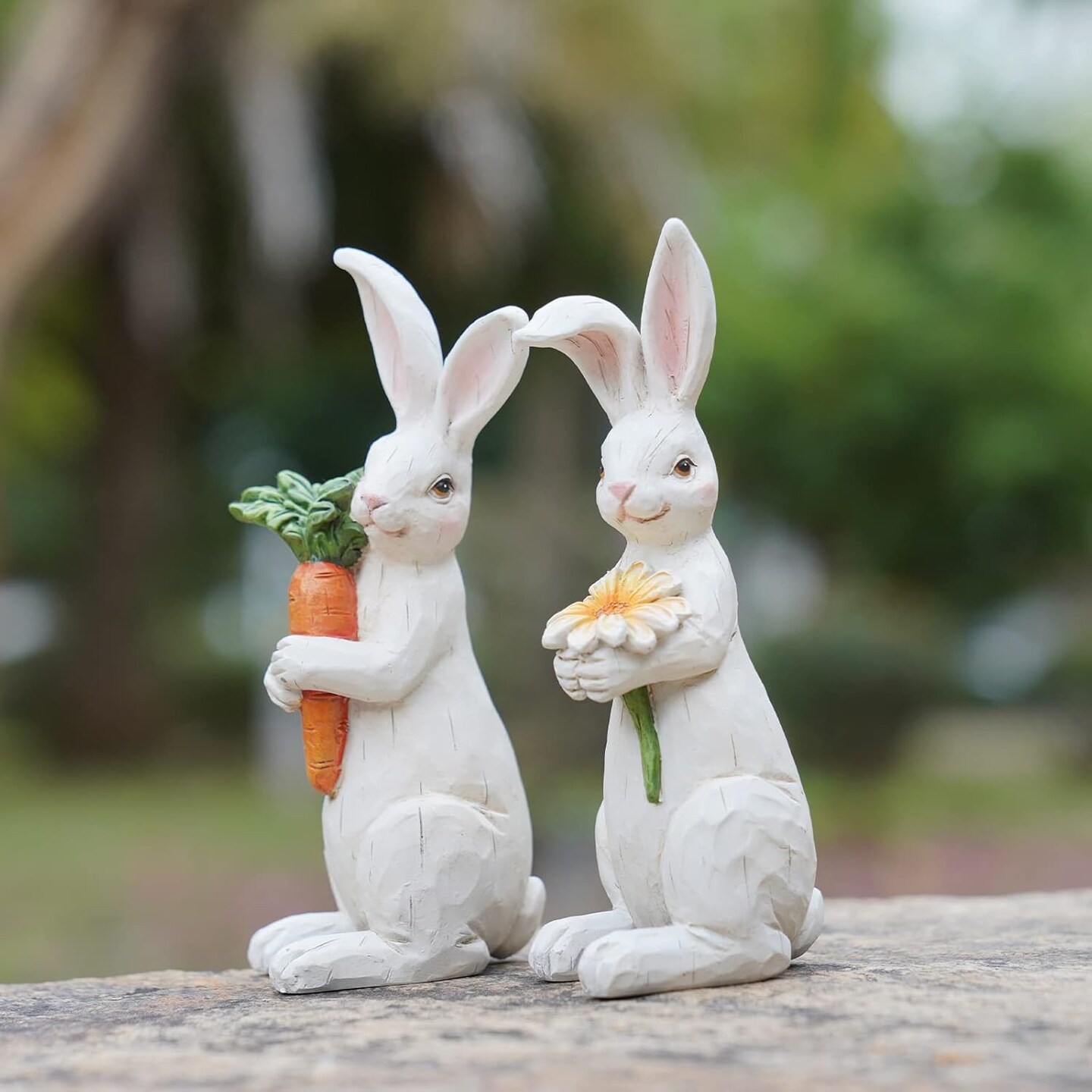 2-Piece Spring Bunny Figurine Set – 4.5" Resin Rabbits with Carrot and Flower, Tabletop Easter and Spring Décor for Home or Farmhouse Centerpieces