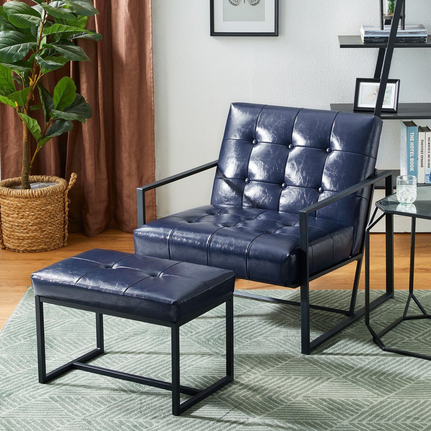 Set of 2 Modern Hunter Thick Leatherette Accent Chair & Accent Stool