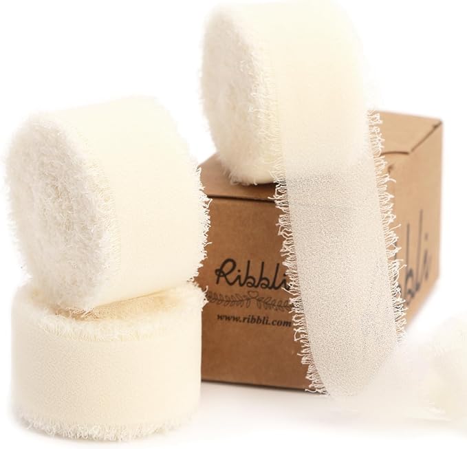 Ivory Ribbon 1 Inch x 3 Rolls Total 24 Yards Ivory Handmade Fringe Chiffon Silk Ribbon for Wrapping Wedding Invitations Bridal Bouquets DIY Crafts Home Decor