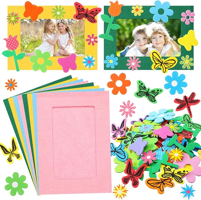232 Pieces Spring DIY Picture Frames Craft Kit for Kids 32 Pieces Spring Felt Photo Frames with 200 Flower Dragonfly Butterfly Foam Stickers for Party Favor Home Classroom