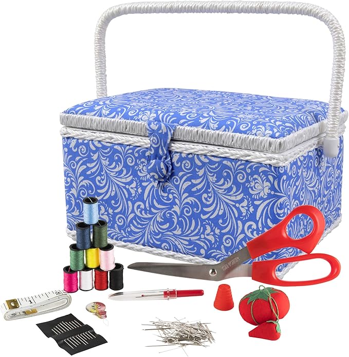 Sewing Basket with Sewing Kit, Needles, Thread, Pins, Scissors, and Notions, Deliah Scroll,