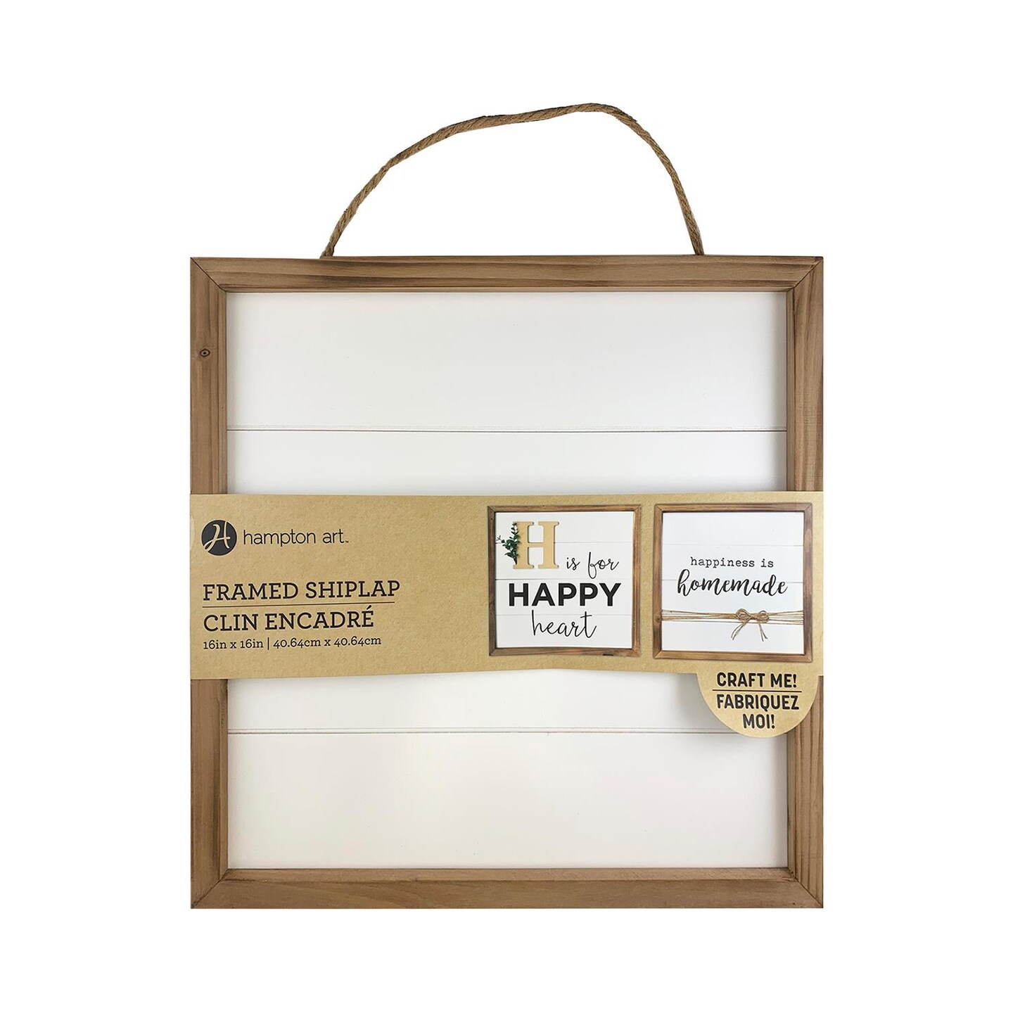 Hampton Art Rustic Frame Shiplap 16&#x22; x 16&#x22; White, easy to decorate, paint, embellish, stencil, and more, jute rope is attached to the reverse side for hanging