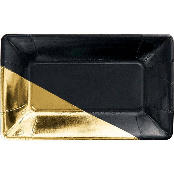 Black &#x26; Gold Foil Rectangular Paper Plates (8/Pkg)
