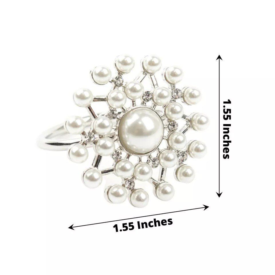 4 Silver White Round Metal Dinner NAPKIN RINGS Faux Pearls Rhinestones Party