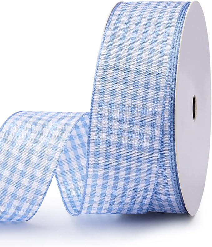 Gingham Ribbon Checkered Ribbon 1-Inch Wide Taffeta Plaid Ribbon 25 Yard Long 100% Polyester Woven Edge (Light Blue, 1 Inch)