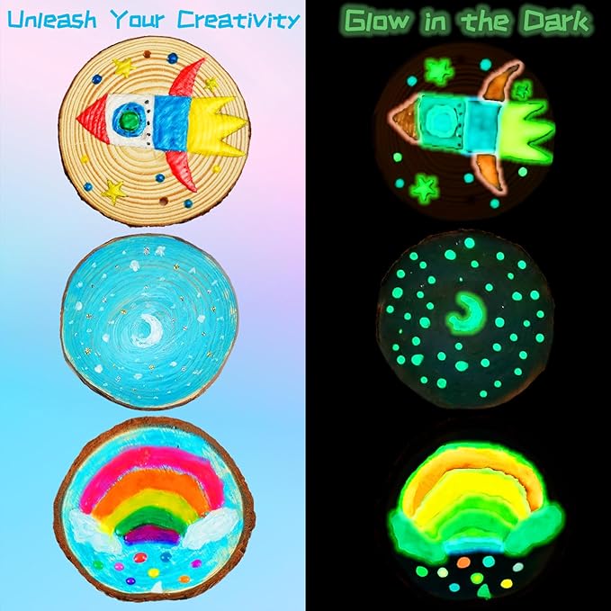 Wooden Crafts Kit for Kids-Glow in The Dark-Arts &#x26; Crafts Gifts for Boys Girls Age 6-12, 24 Wood Slices with Painting Craft Activities Kits, Creative Art Toys for 6 7 8 9 10 11 12 Year Old