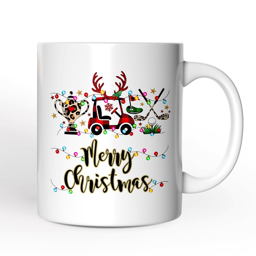 Buffalo Plaid Christmas Mug, Golf Cart, Putter and Trophy Golfing Gift