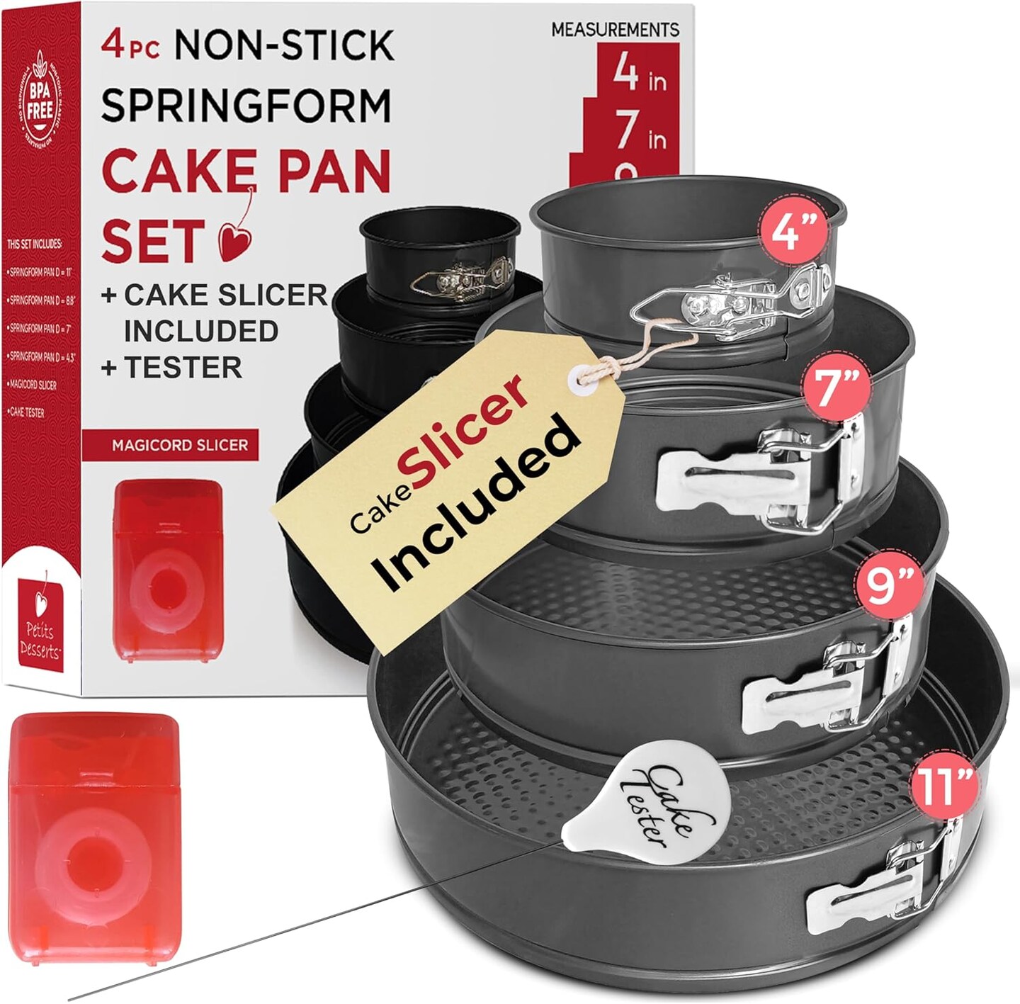 Spring Form Pan for Cheesecake, 4/7/9/11 Inch NONSTICK Cheesecake Pan Set with CAKE SLICER and TESTER, Leakproof Springform Pan Set, 4 Spring Form Pans for Baking Compatible with INSTANT POT