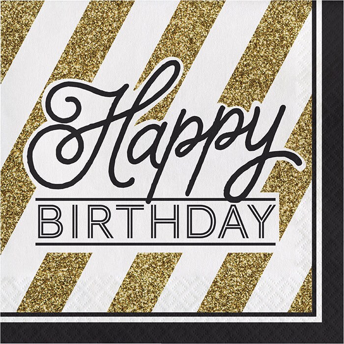 Bulk Pack of 32 Black &#x26; Gold Birthday Napkins