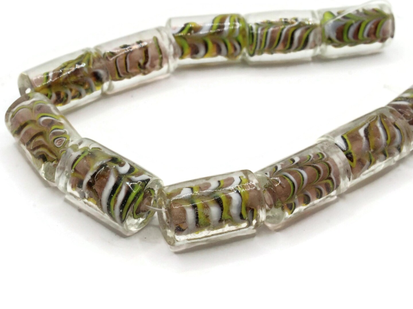 11 18mm Brown Yellow Black and White Striped Lampwork Glass Tube Beads
