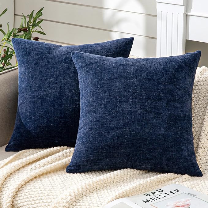 Decorative Square Throw Pillow Covers 18&#x22;x18&#x22; Inch Set of 2, Super Soft Chenille Pillows Cover Fall Pillowcase for Living Room Bedroom Sofa Couch Cushion Cover Navy Blue 45x45cm