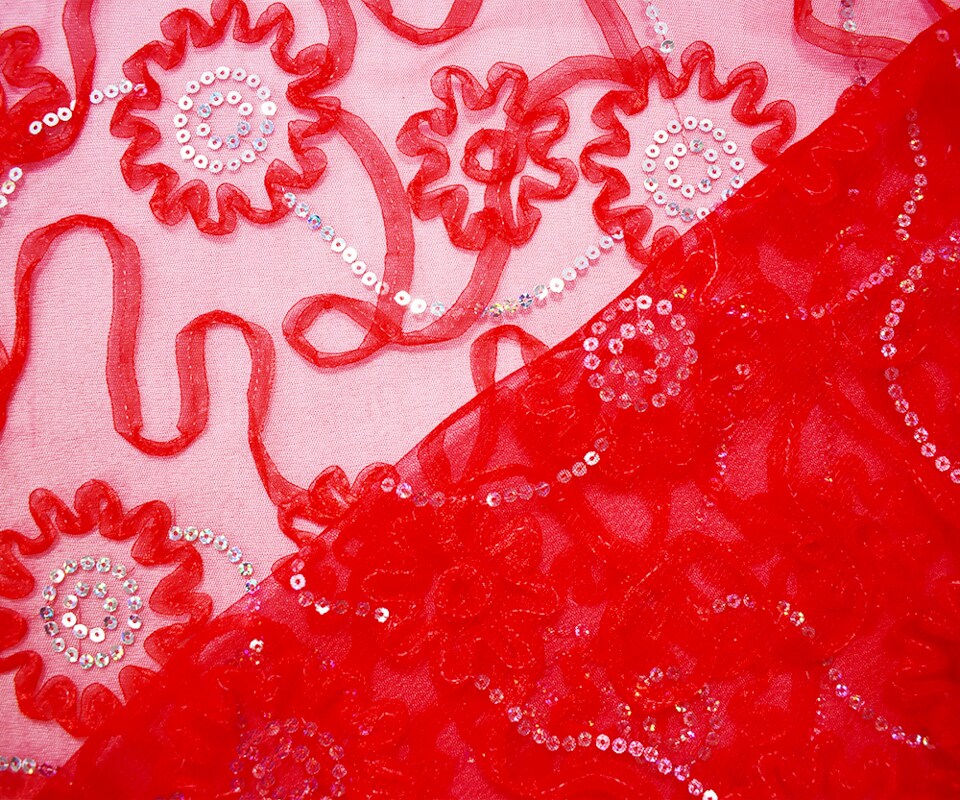 Red-Silver Nylon Floral Applique Sequined Mesh Tulle Fabric By the Yard