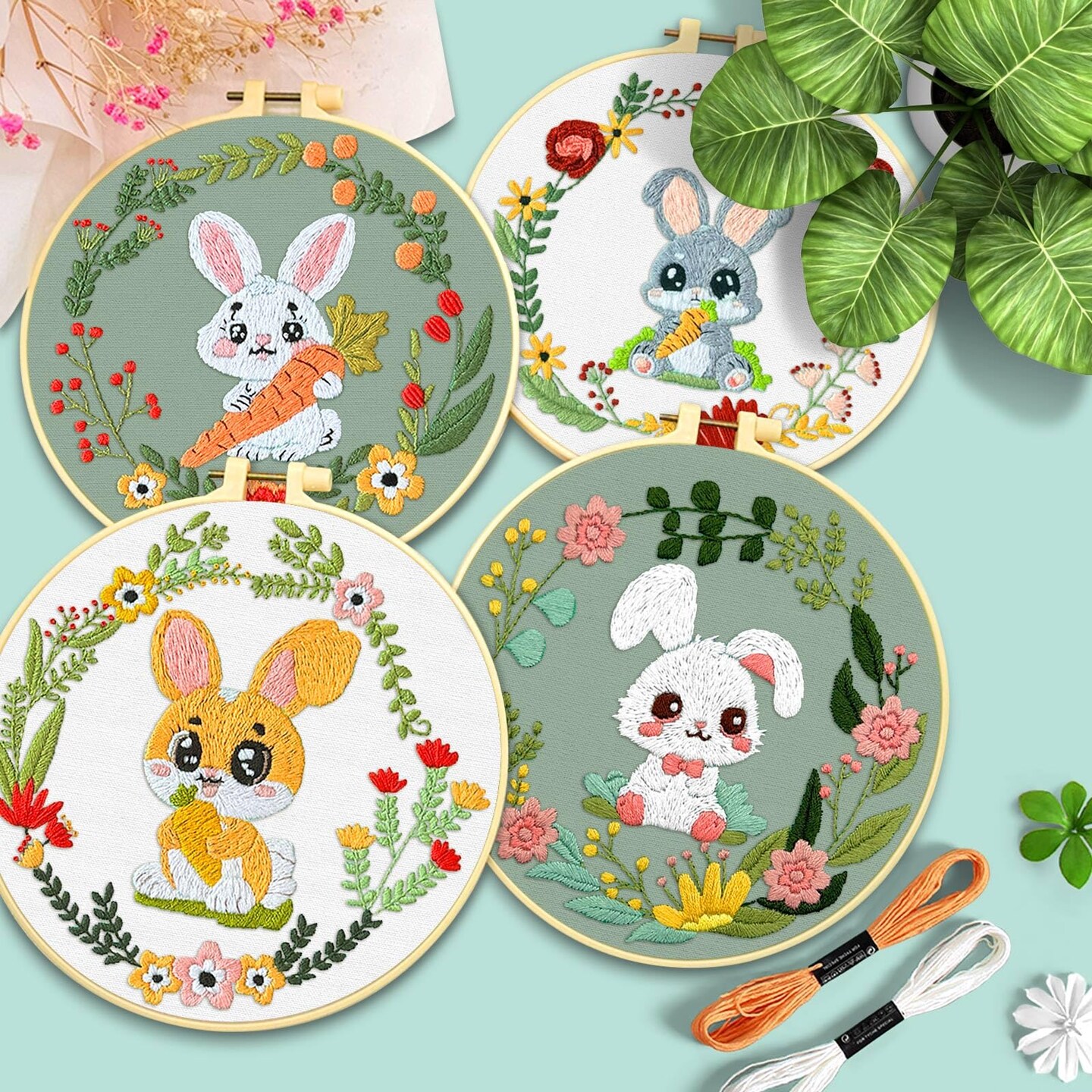 4 Sets Embroidery Kit, Animal Cross Stitch Set for Include Embroidery Cloth Hoops Threads for Craft Lover Hand Stitch (Rabbit)