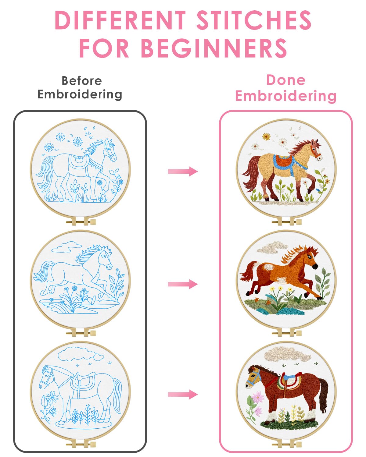 Embroidery Kit for Adult, 3 Pack Embroidery DIY Starter Kit, with Stamped Patterns, Hoop, Tools, Colorful Threads with Needles, Instructions