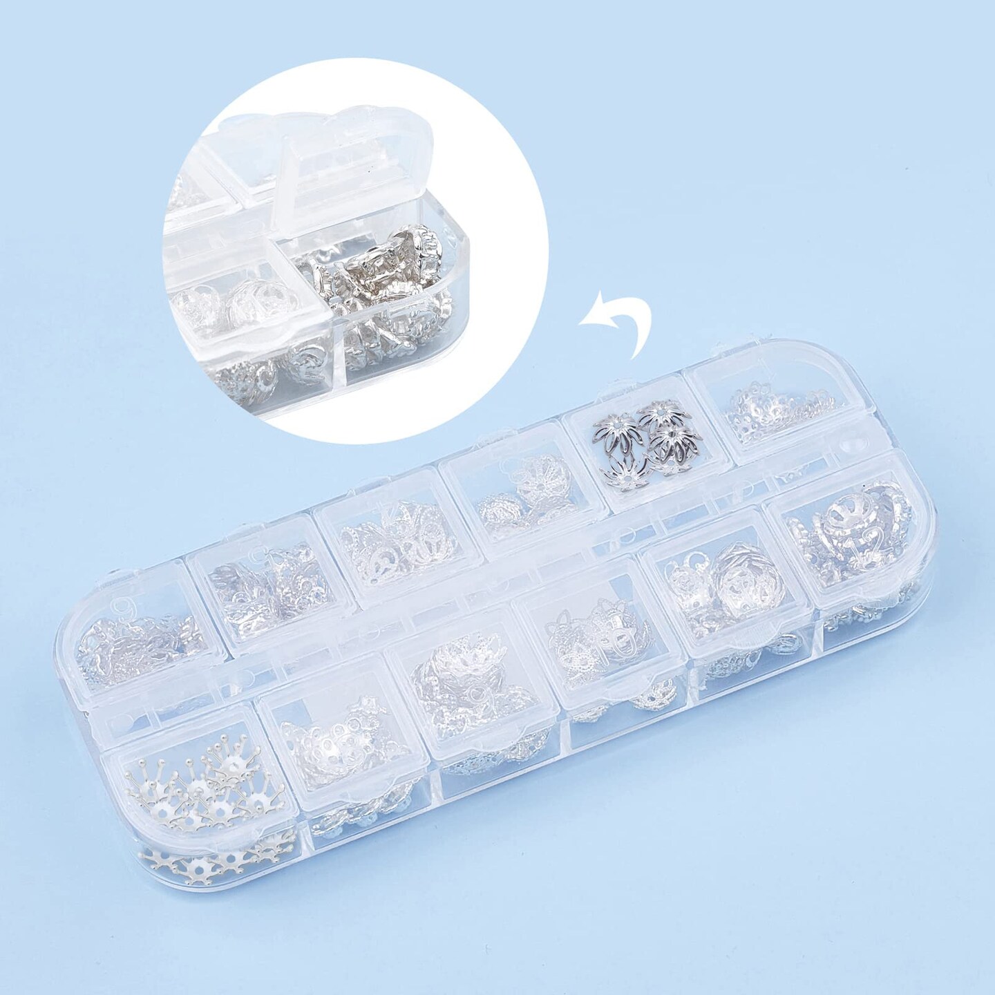 1 Box 240Pcs 12 Styles Flower Spacer Beads Caps Silver Bead Caps Mixed Tibetan Beads Jewelry Findings for DIY Earring Bracelet Necklace Keyring Making