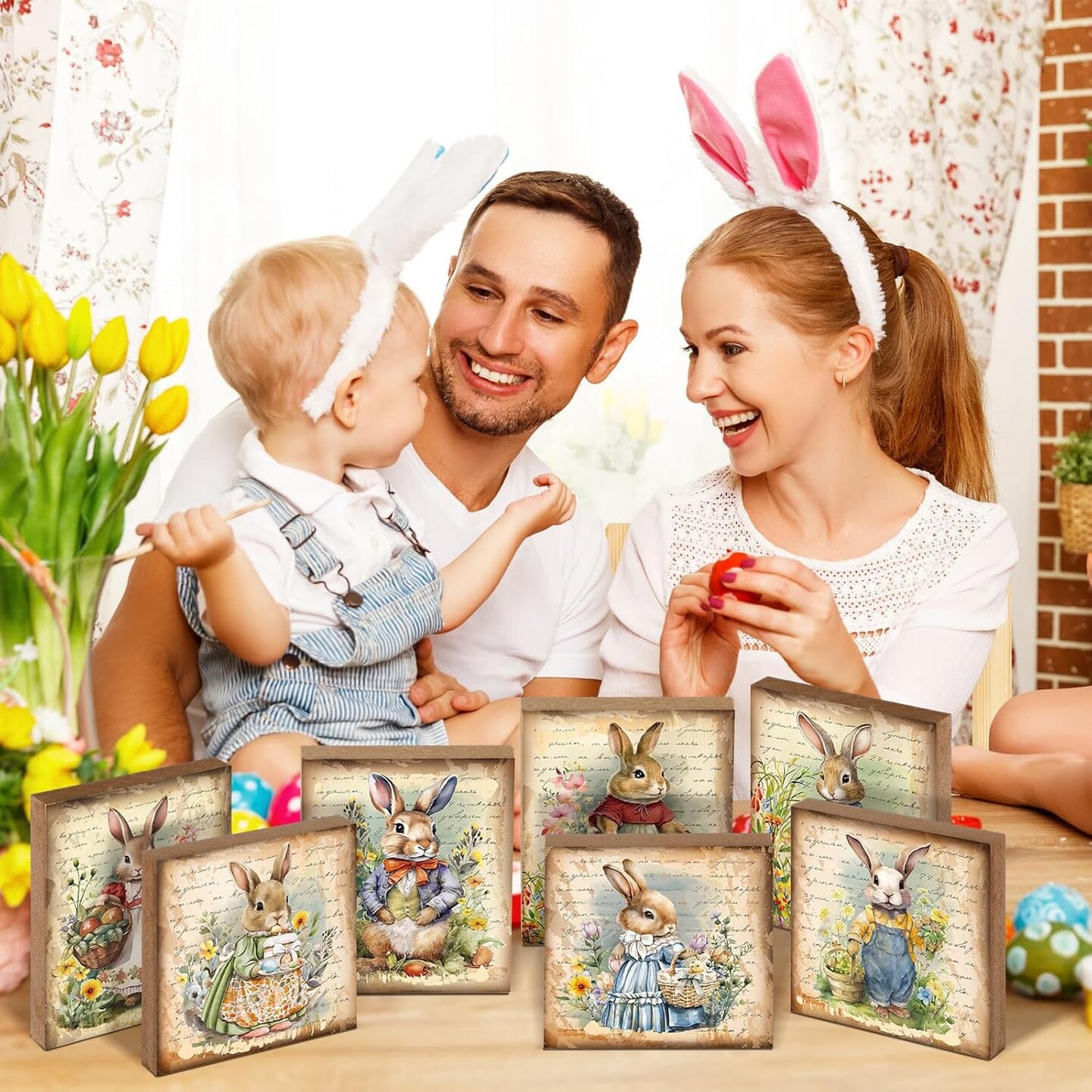 8 PCS Vintage Easter Wooden Table Decor – Retro Bunny & Egg Rustic Tiered Tray Signs for Spring Farmhouse Tabletop, Fireplace, Shelf & Easter Centerpiece Decoration