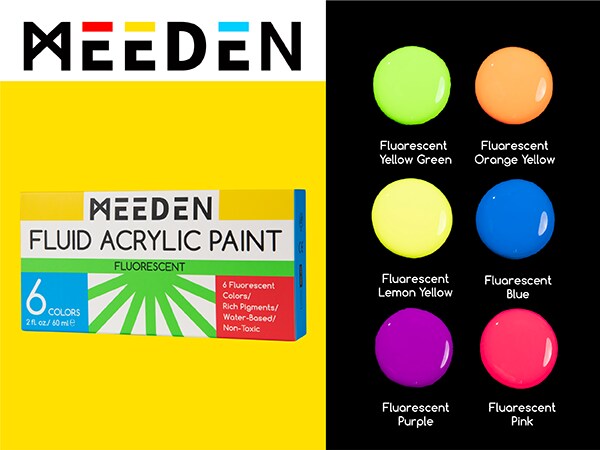 MEEDEN Fluorescent Acrylic Paint Set, 6 High Flow Colors (2 oz, 60 ml), Neon Fluid Acrylic, Glow in the Dark Paints for Canvas Painting