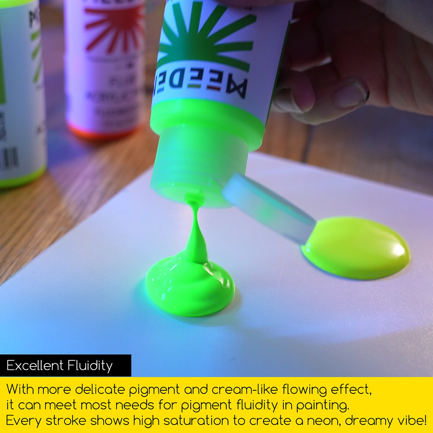 MEEDEN Fluorescent Acrylic Paint Set, 6 High Flow Colors (2 oz, 60 ml), Neon Fluid Acrylic, Glow in the Dark Paints for Canvas Painting