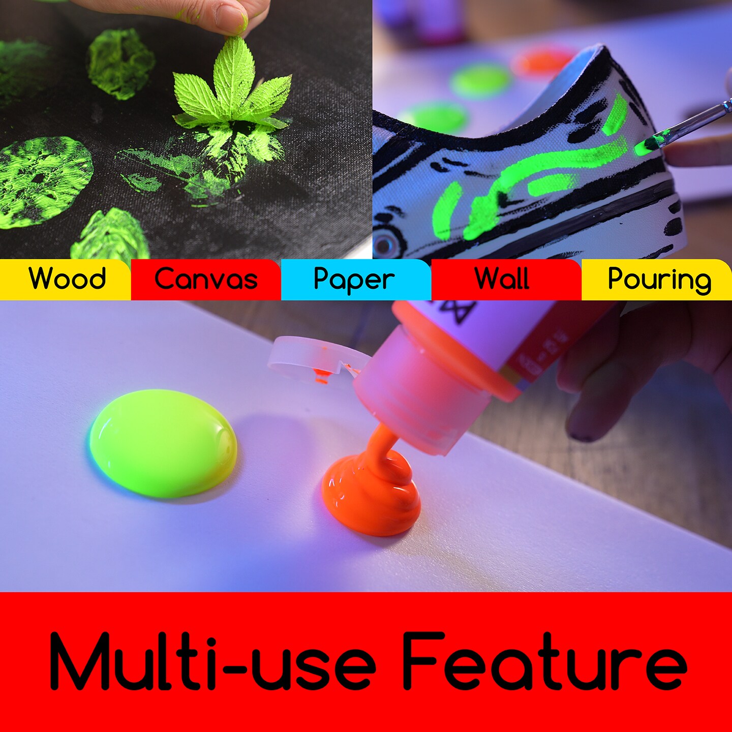 MEEDEN Fluorescent Acrylic Paint Set, 6 High Flow Colors (2 oz, 60 ml), Neon Fluid Acrylic, Glow in the Dark Paints for Canvas Painting