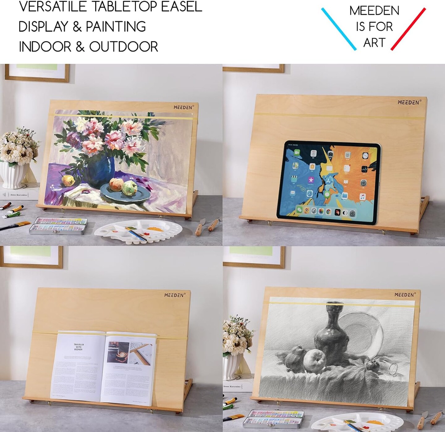 MEEDEN Large Studio Artist Drawing & Sketching Board, Adjustable Beechwood A2 Sketchboard for Students, Beginners & Artist- Wood Desktop Easel Board with a shoulder strap, 25-5/8" X 19"