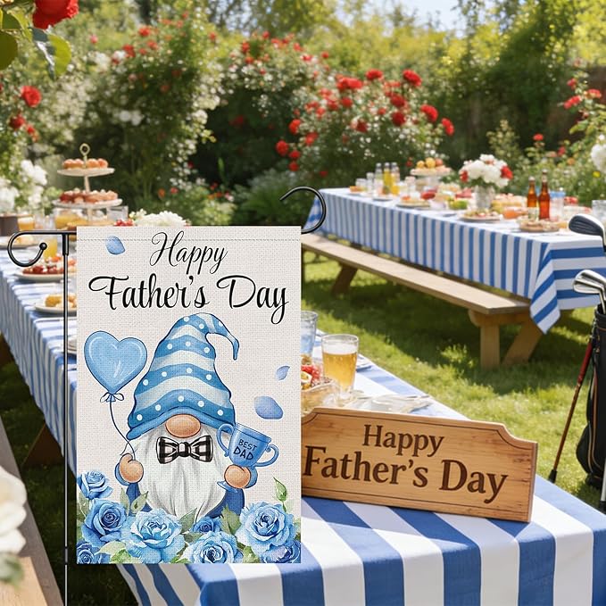 Happy Father's Day Garden Flag 12x18 Double Sided Burlap, Blue Gnome Best Dad Rose Floral Father's Day Yard Banner, Buffalo Plaid Bow Tie Love Heart Trophy Outdoor Decor (ONLY FLAG)