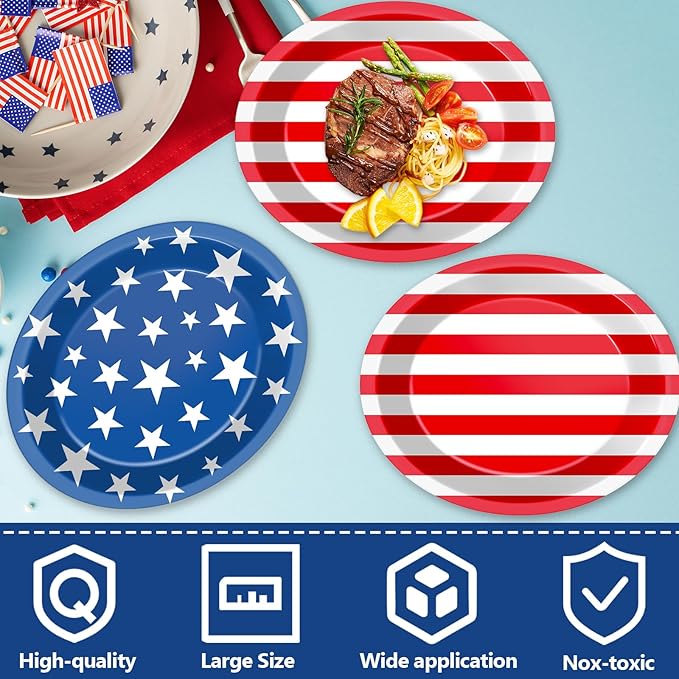 Patriotic Oval Paper Plates (Large 11 Inch, 50 Pcs) – Heavy Duty Disposable 4th of July American Flag Plates, Red White and Blue Serving Platters for Independence Day BBQ, Memorial Day Supplies