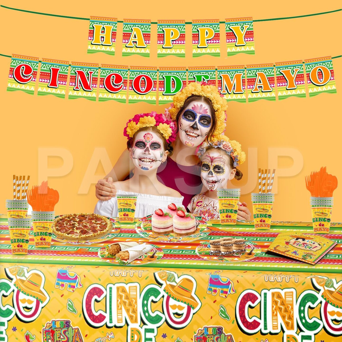 Cinco de Mayo Party Tableware Set - Serves 25 Mexican Theme Party Supplies, Disposable Plates, Tablecloth, Cups, Forks, Spoons, Knife, Napkins, Straws Dinnerware Utensils for Mexico Party