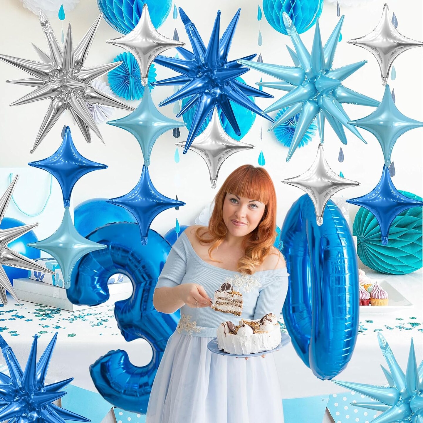 Blue Silver Star Balloons,Explosion Star Balloons Kit with 6Pcs 22Inch Cone Star Foil Balloons and 10Pcs 10Inch Four Pointed Star Balloons