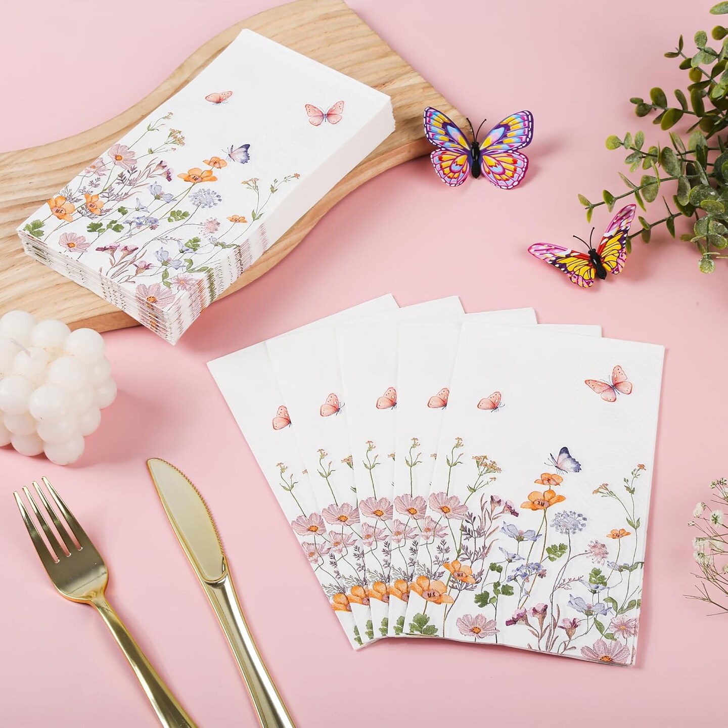 100Pcs Floral Guest Napkins Disposable Butterfly Flower Paper Napkins Wildflower Garden Blossom Hand Towels for Spring Wedding Anniversary Bridal Baby Shower Tea Party Table Decor