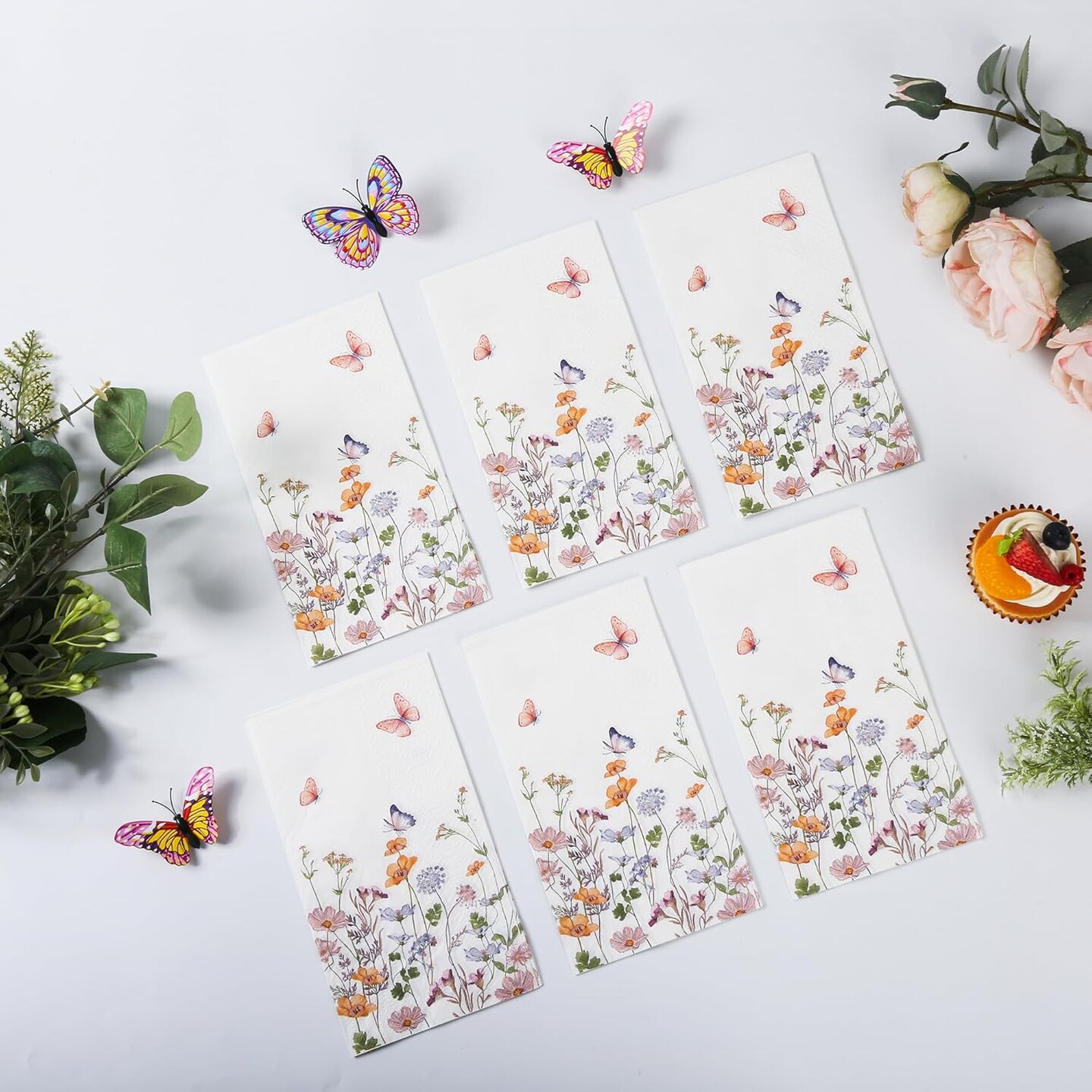 100Pcs Floral Guest Napkins Disposable Butterfly Flower Paper Napkins Wildflower Garden Blossom Hand Towels for Spring Wedding Anniversary Bridal Baby Shower Tea Party Table Decor
