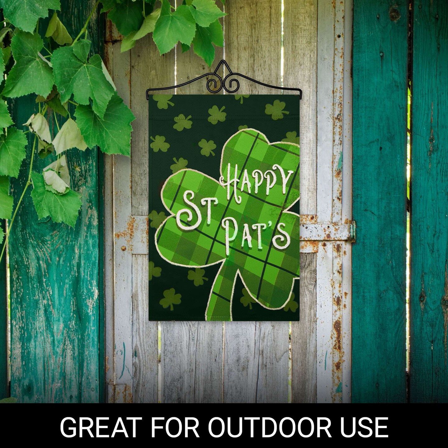 G128 Combo Pack Garden Flag Hanger 14IN & Garden Flag Happy St. Patrick's Day Plaid Shamrock Printed 12x18IN Double Sided